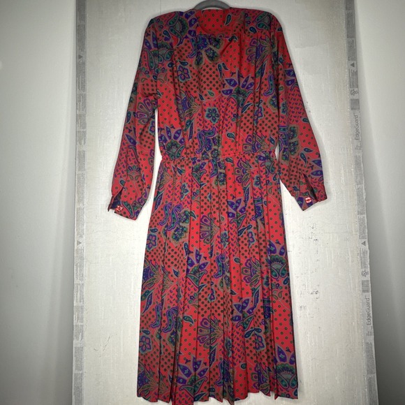 Vintage Serben Red Paisley Print Modest Long Sleeve Dress | Size: 12 - Picture 11 of 15